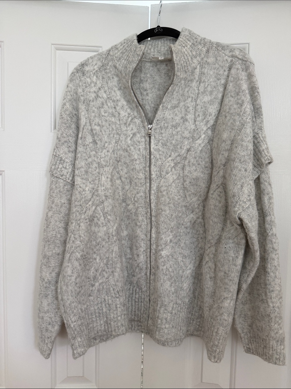 LOFT Light Gray Cable-Knit Zip Cardigan